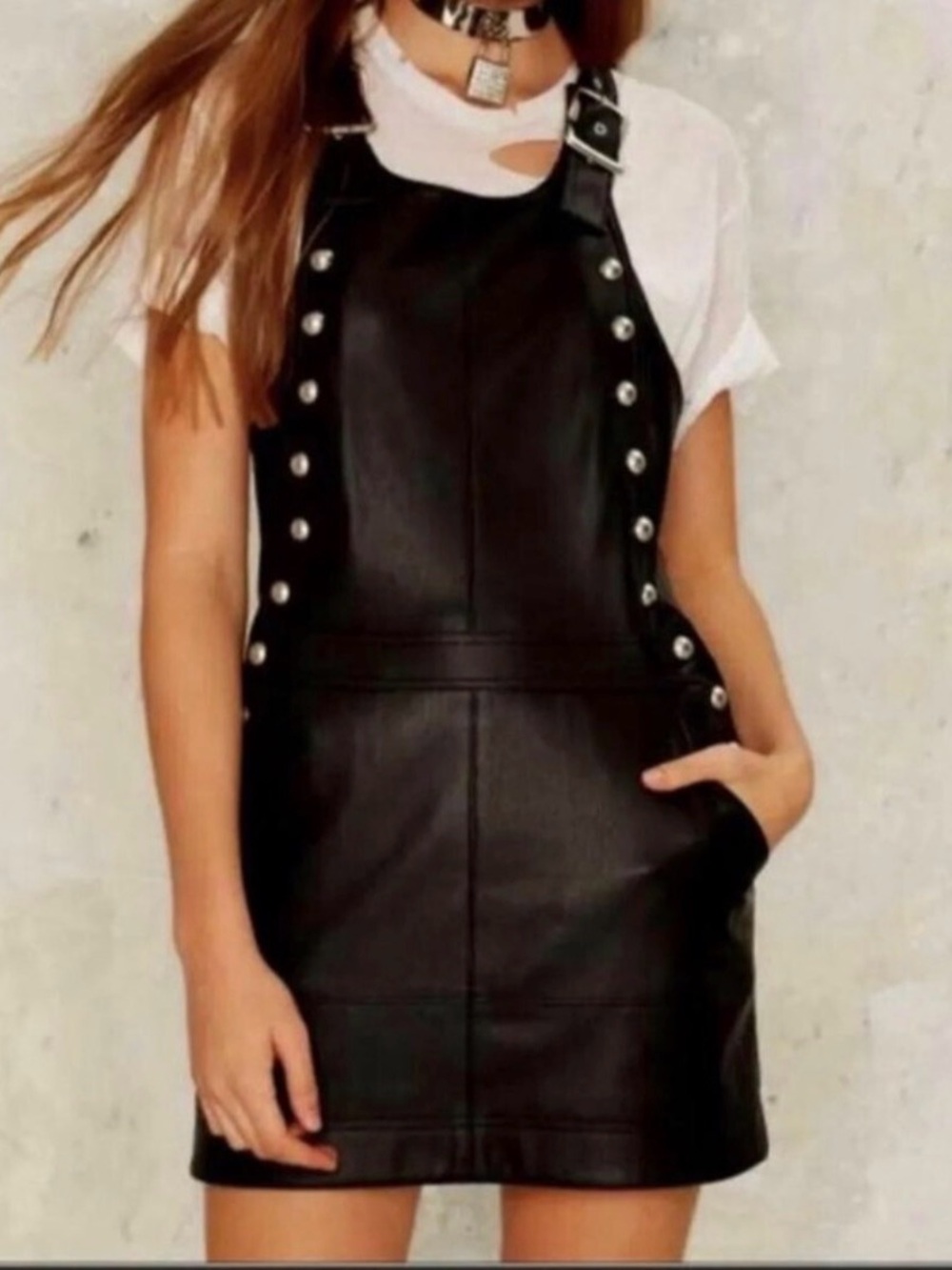 Nasty Gal Black Vegan Faux Leather Studded Overall Mini Dress XS